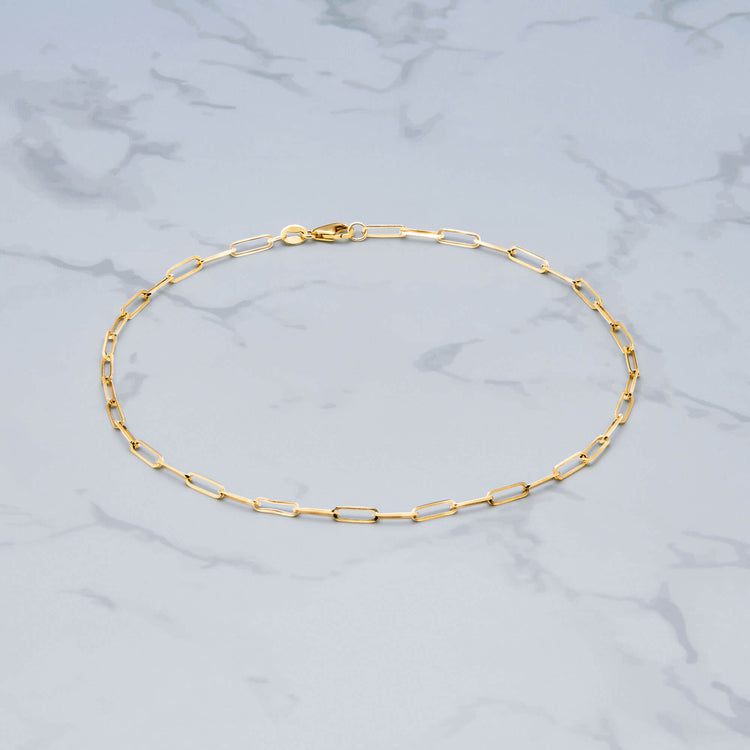 Stone and Strand 14K Yellow Gold Paperclip Anklet Editorial Image