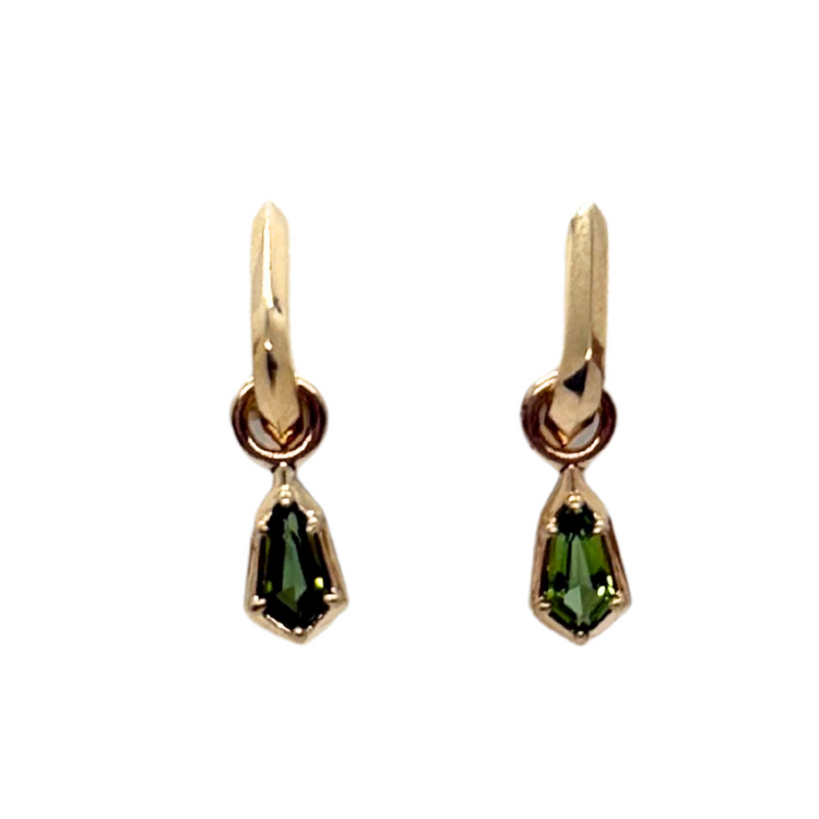 Green Tourmaline Knife Edge Shield Drop Hoops