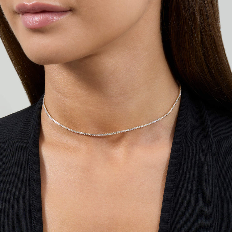 Image of 14K Yellow Gold Adjustable LAB-Created Diamond Tennis Choker on Models Neck