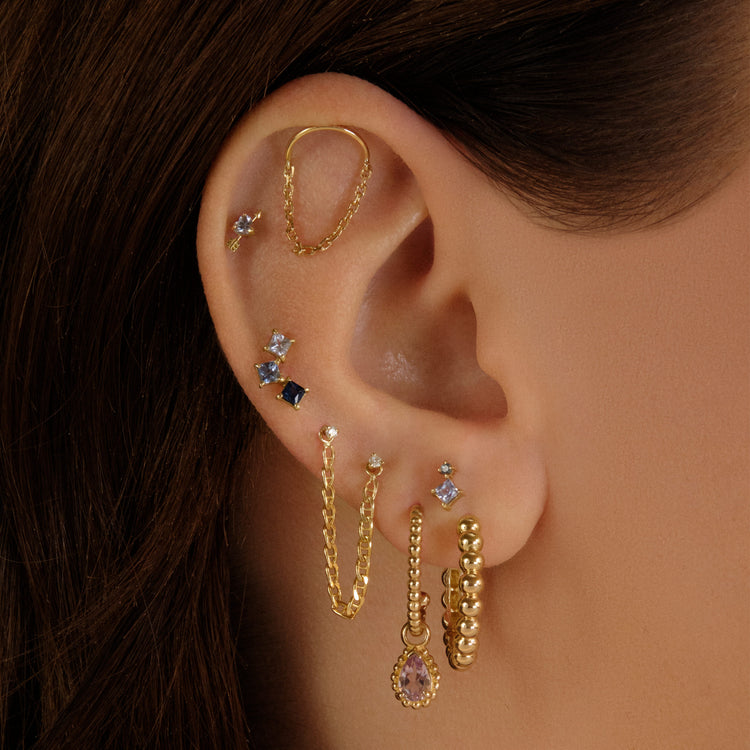 Image of 10K Yellow Gold Dainty Beaded Huggies with Stone and Strand Earrings
