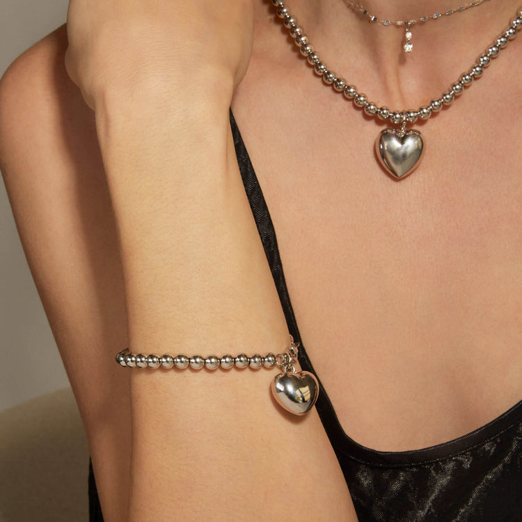 Image of Sterling Silver Big Hearted Puffed Bracelet with Stone and Strand Silver Jewelry