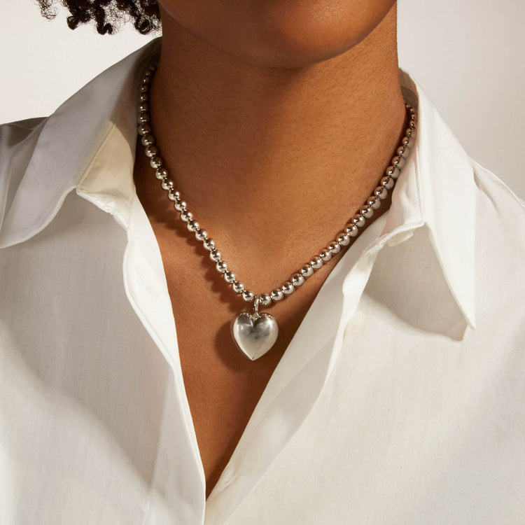 Image of Sterling Silver Big Hearted Puffed Necklace on Models Neck