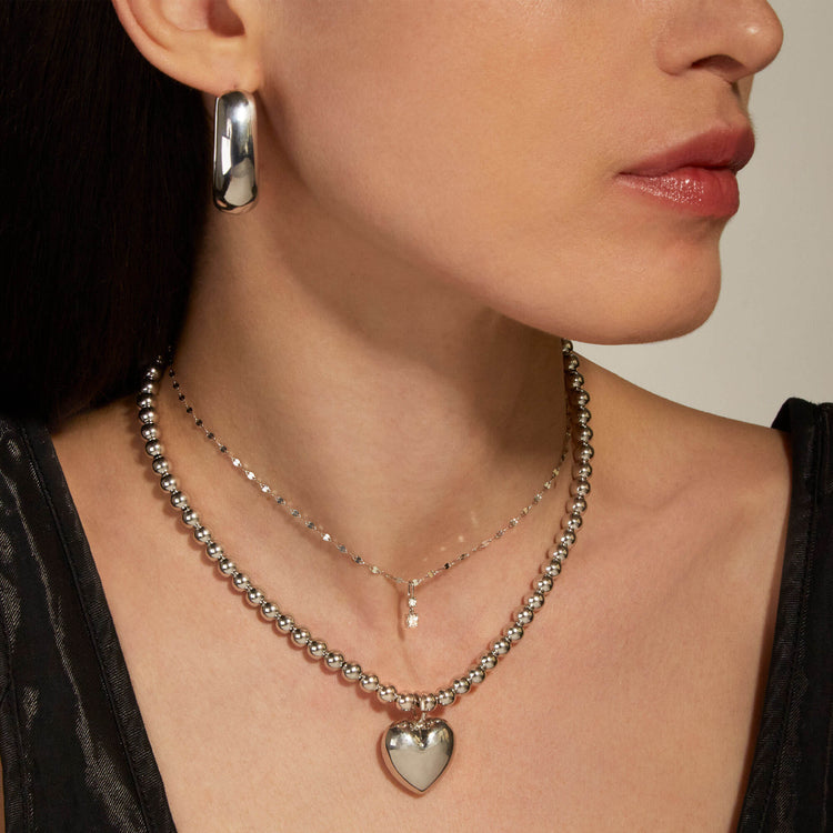 Image of Sterling Silver Big Hearted Puffed Necklace with Stone and Strand Necklaces