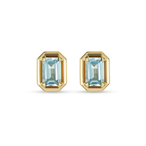 Stone and Strand 14K Yellow Gold Birthstone Emerald Cut Bonbon Studs with Aquamarine Front Image
