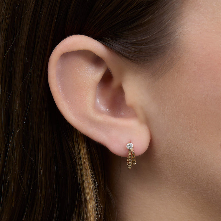 Image of 14K Yellow Gold Block Chain Front To Back Earring on Models Ear