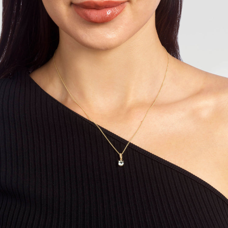 Image of 10K Yellow Gold Blue Lagoon Aquamarine Necklace with Aquamarine on Models Neck