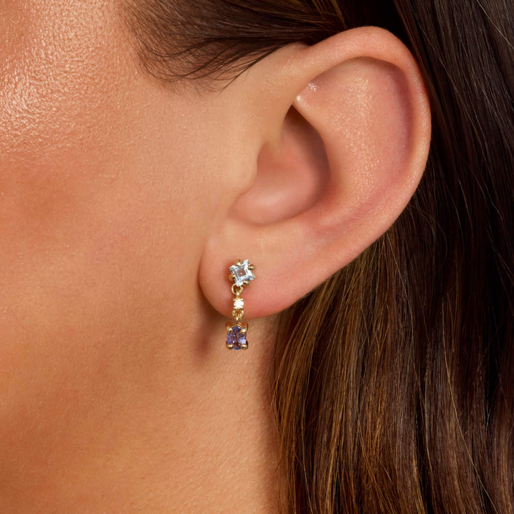 Image of 10K Yellow Gold Blue Lagoon At Twilight Diamond Drop Earrings with Gemstones on Models Ear