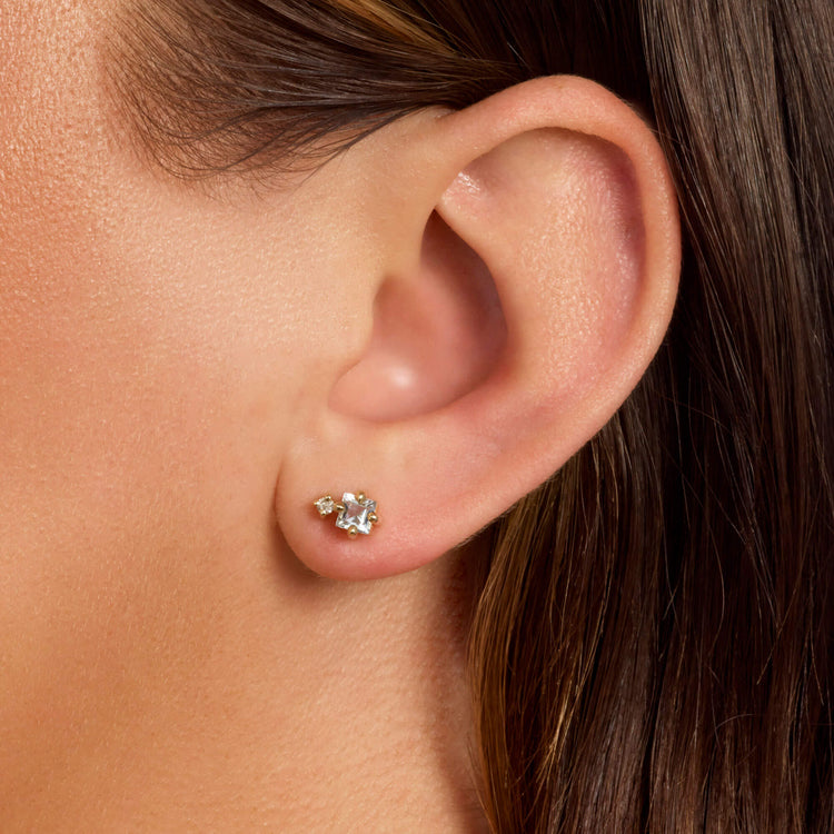 Image of 10K Yellow Gold Blue Lagoon Diamond Buddy Stud with Aquamarine on Models Ear