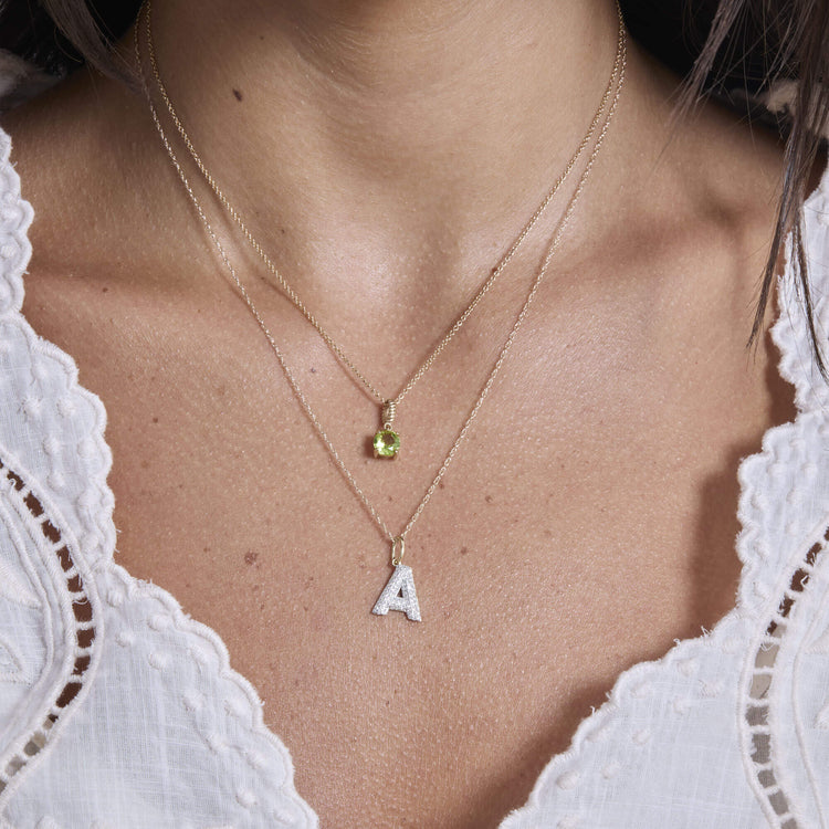 Image of 10K Yellow Gold Bubble Pave Initial Diamond Necklace with Stone and Strand Necklaces