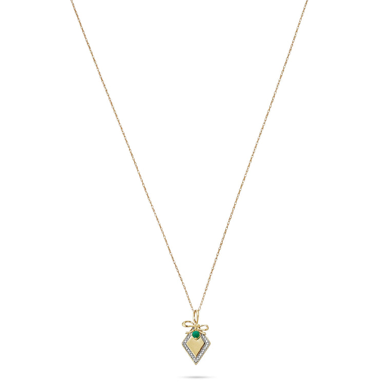 Stone and Strand 10K Yellow Gold Bow Nouveau Diamond and Emerald Tag Necklace Front Image