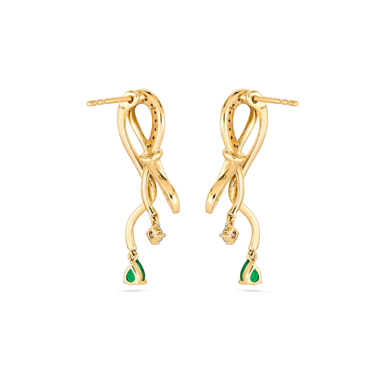Stone and Strand 14K Yellow Gold Bow Nouveau Diamond and Emerald Gala Earrings Rear Image