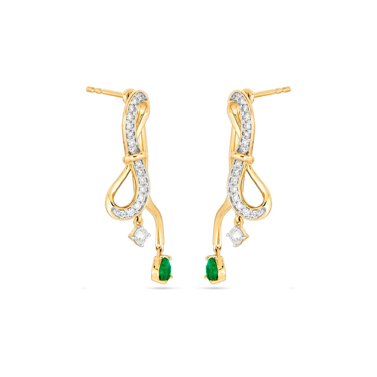 Stone and Strand 14K Yellow Gold Bow Nouveau Diamond and Emerald Gala Earrings Side Image