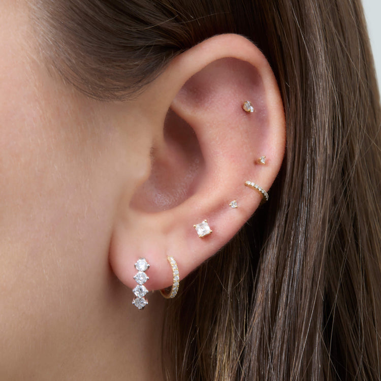 Image of 14K White Gold Bright Lights LAB-Created Diamond Huggies with Stone and Strand Earrings