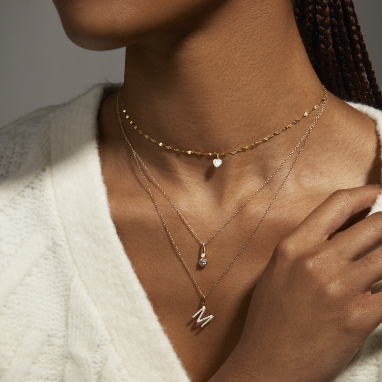 Image of 10K Yellow Gold Birthstone Diamond Bonbon Necklace with Blue Sapphire with Stone and Strand Necklaces