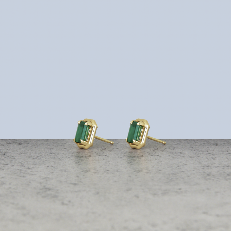 Stone and Strand 14K Yellow Gold Birthstone Emerald Cut Bonbon Studs with Emerald Editorial Image