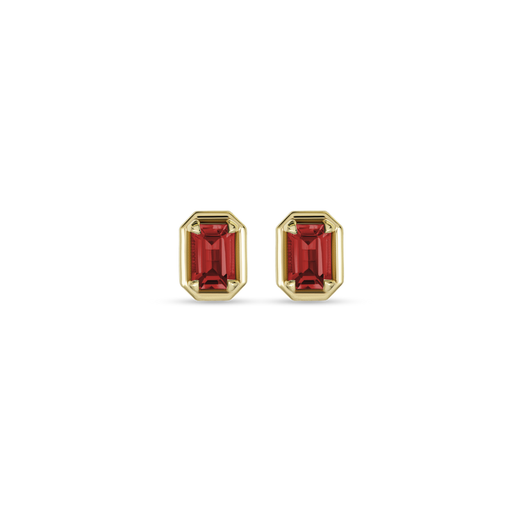 Stone and Strand 14K Yellow Gold Birthstone Emerald Cut Bonbon Studs with Garnet Front Image