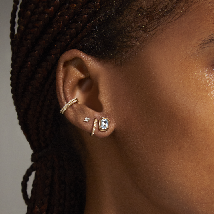 Image of 14K Yellow Gold Birthstone Emerald Cut Bonbon Studs with Aquamarine with Stone and Strand Earrings