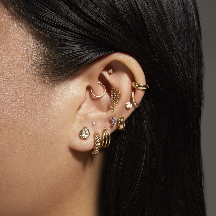 Image of 14K Yellow Gold Birthstone Pear Bonbon Studs with White Topaz with Stone and Strand Earrings