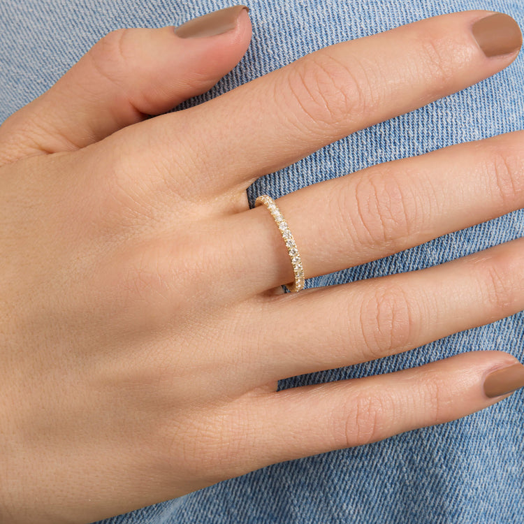 Image of 14K Yellow Gold Bold Diamond Eternity Ring on Models Hand