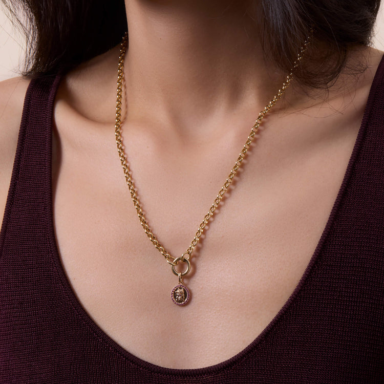 Image of 10K Yellow Gold Cat Of Fortune Gold Charm on Models Neck