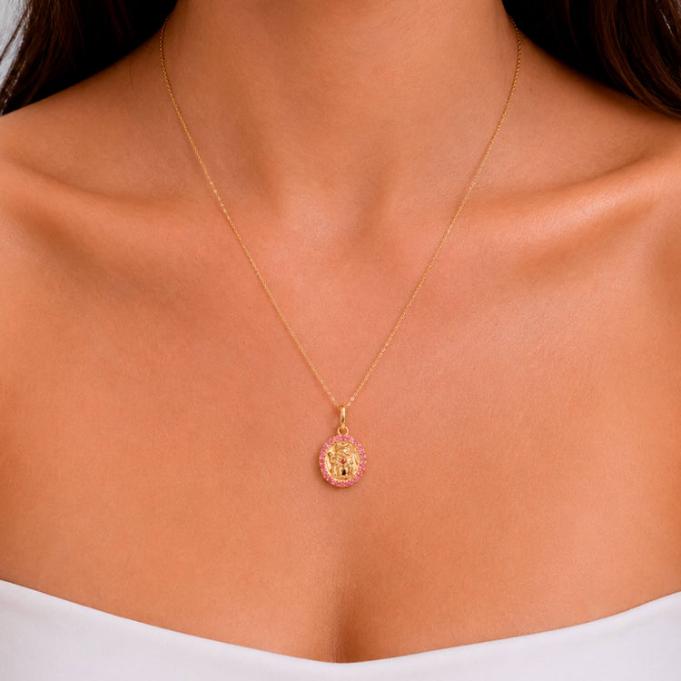 Image of 10K Yellow Gold Cat Of Fortune Gold Charm on Models Neck