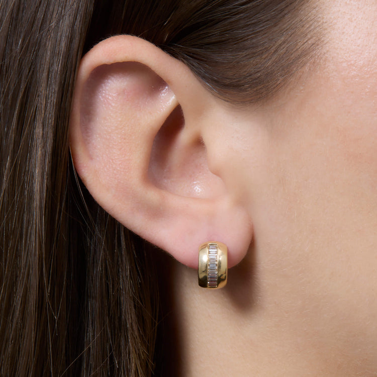 Image of 14K Yellow Gold Chubby LAB-Created Baguette Huggies on Models Ear