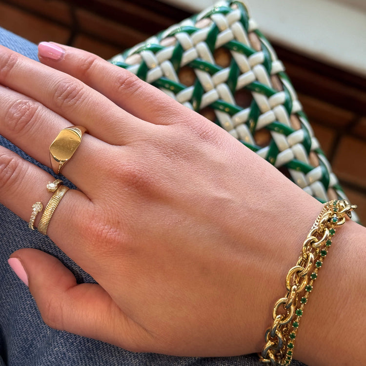 Image of 14K Yellow Gold Chunky Signet Ring with Stone and Strand Rings and Bracelets