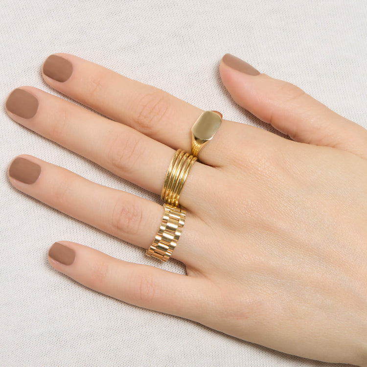 Image of 14K Yellow Gold Chunky Signet Ring with Stone and Strand Rings