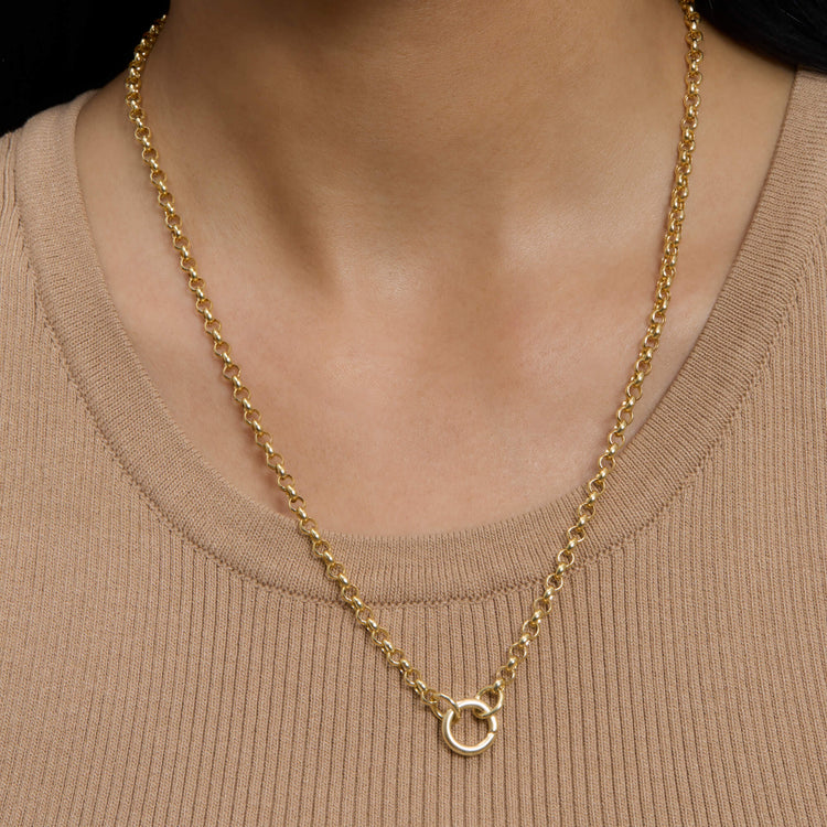 Image of 14K Yellow Gold Classic Rolo Charm Connector Necklace on Models Neck