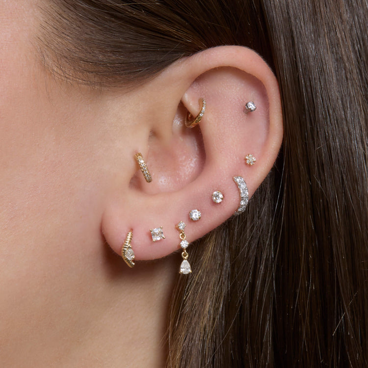 Image of 14K Yellow Gold Cobra Diamond Wave Ear Huggies with Stone and Strand Earrings