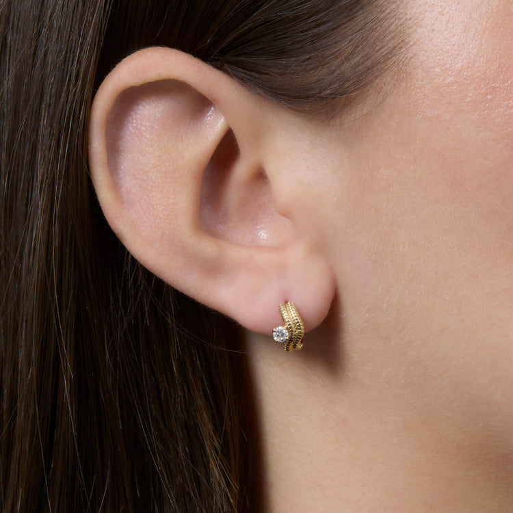 Image of 14K Yellow Gold Cobra Wave Double Ear Huggies on Models Ear