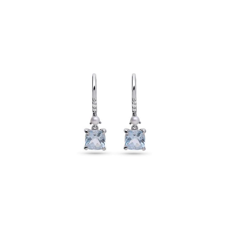 Stone and Strand 14K White Gold Cushion Cut Aquamarine and Pearl Drop Earrings Front Image