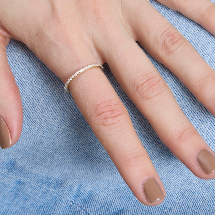 Image of 14K Yellow Gold Classic Diamond Eternity Ring on Models Hand