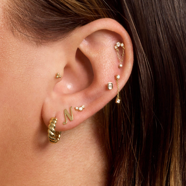 Image of 14K Yellow Gold Dainty Diamond Trio Chain Stud with Stone and Strand Earrings