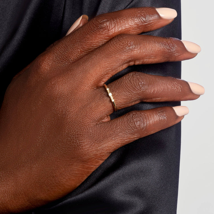 Image of 14K Yellow Gold Dainty Diamond Trio Ring on Models Hand