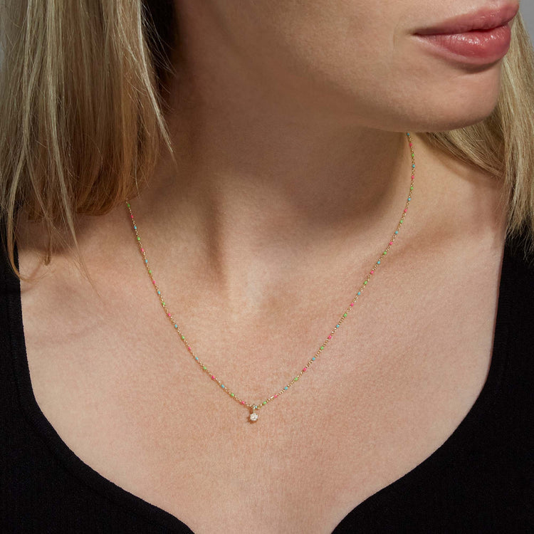 Image of 10K Yellow Gold Dainty Goldie Pop Diamond Necklace on Models Neck