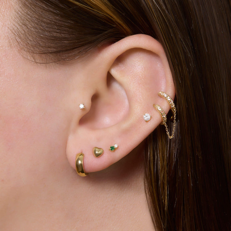 Image of 14K Yellow Gold Second Hole Green Goddess Buddy Studs with Stone and Strand Earrings
