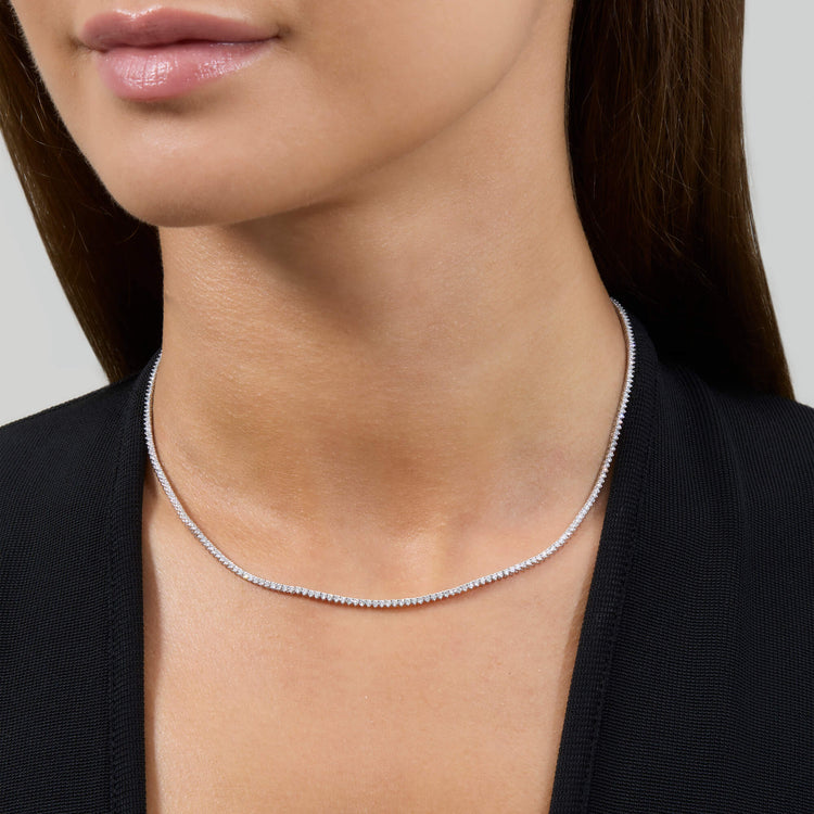 Image of 14K White Gold Dainty LAB-Created Diamond Tennis Necklace on Models Neck