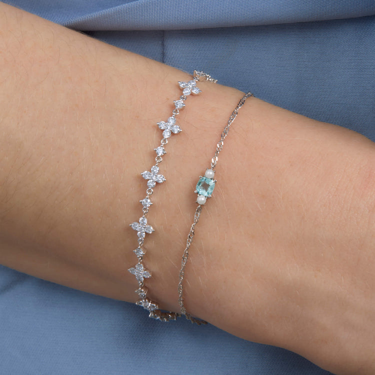Image of 14K White Gold Delicate Aquamarine Cushion Bracelet with Stone and Strand Bracelets