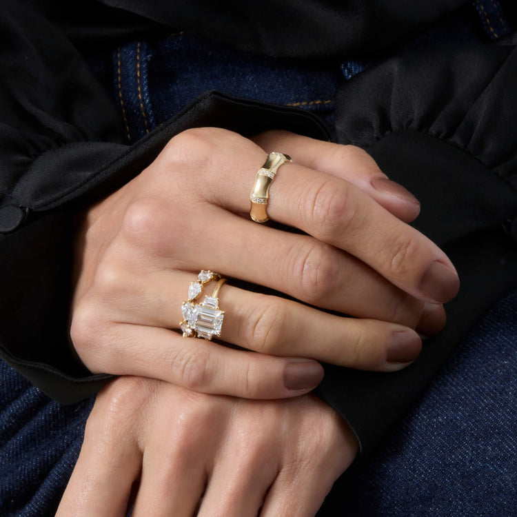 Image of 14K Yellow Gold Diamond Bamboo Resort Ring with Stone and Strand Rings