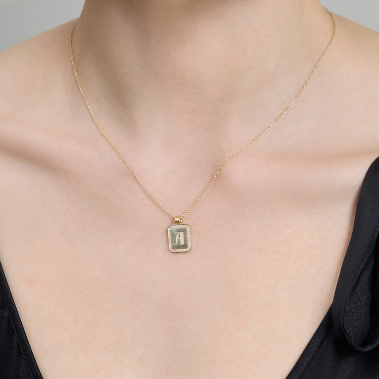 Image of 14K Yellow Gold Diamond Beekman Dog Tag Necklace on Models Neck