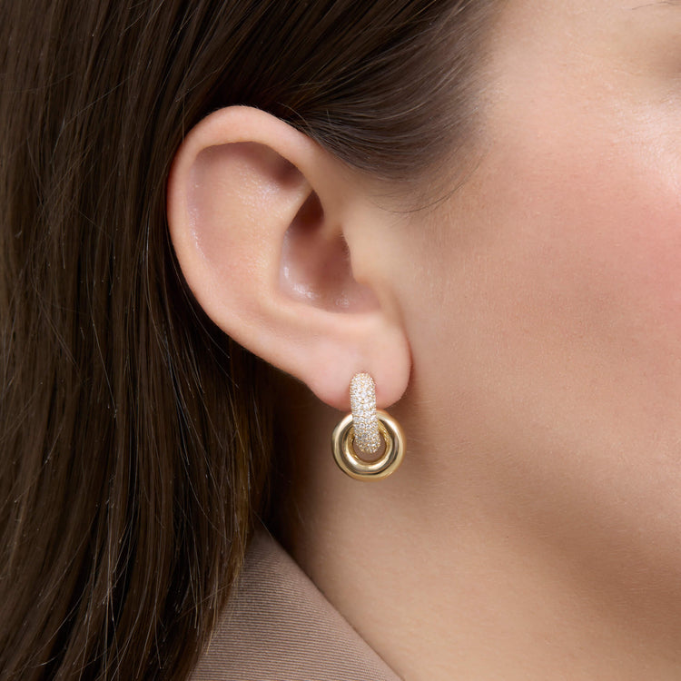 Image of 14K Yellow Gold Diamond Buoy Huggies on Models Ear
