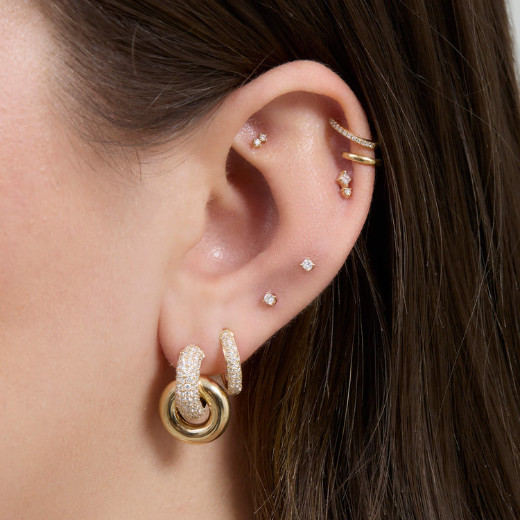 Image of 14K Yellow Gold Diamond Buoy Huggies with Stone and Strand Earrings