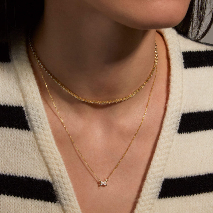 Image of 14K Yellow Gold Diamond Cross Stitch Necklace with Stone and Strand Necklaces