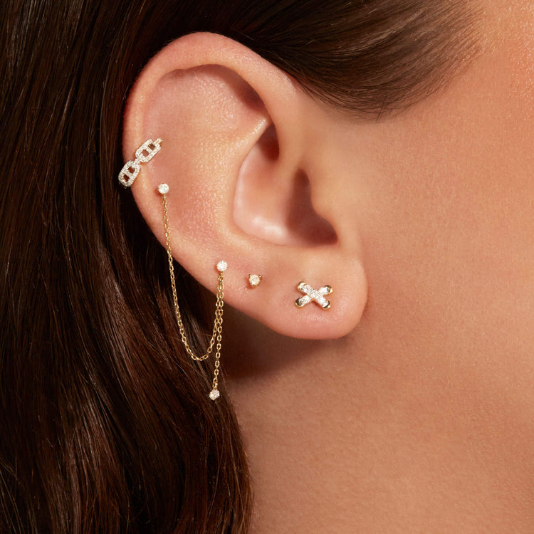Image of 14K Yellow Gold Diamond Cross Stitch Studs with Stone and Strand Earrings