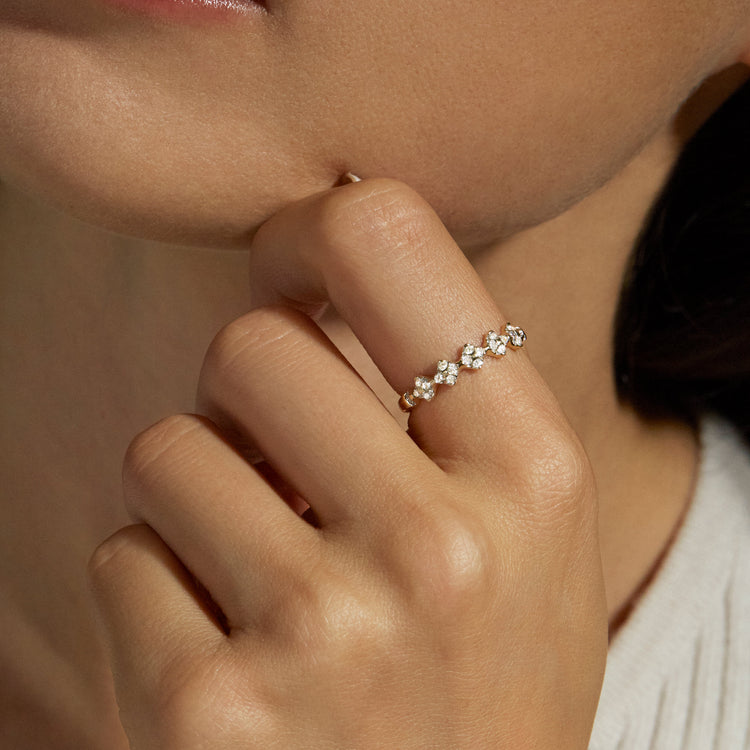 Image of 10K Yellow Gold Diamond Flowers Ring on Models Hand