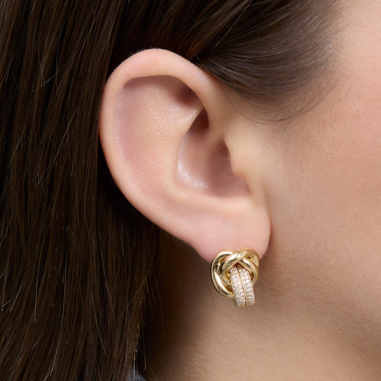 Image of 14K Yellow Gold Diamond Forme Knot Earrings on Models Ear