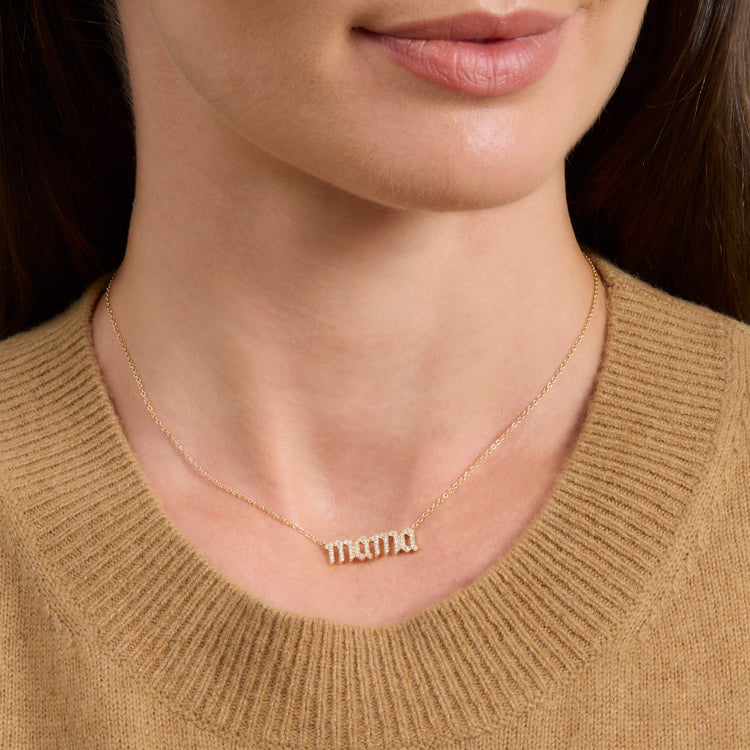 Image of 14K Yellow Gold Diamond Gothic Name Necklace on Models Neck