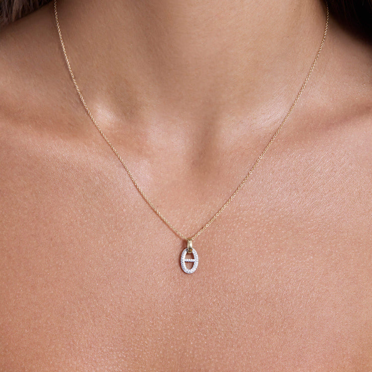 Image of 14K Yellow Gold Diamond Hardware Necklace on Models Neck