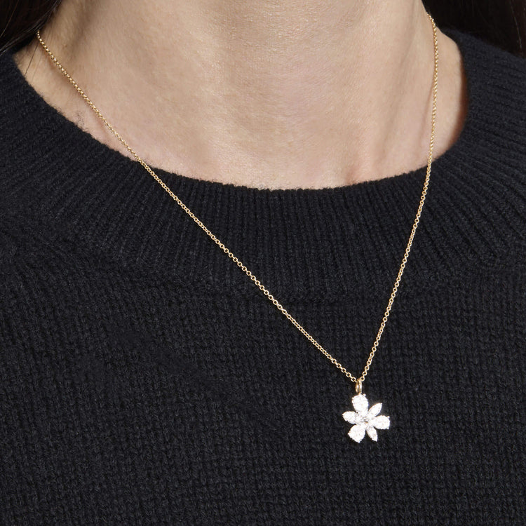 Image of 14K Yellow Gold Diamond Magnolia Necklace on Models Neck